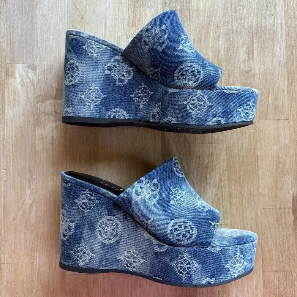 Guess Denim Logo Wedge Mules Women’s 8M Blue Slip On Platform Shoes New - Picture 4 of 10